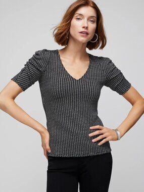WHBM Black & White Puff Sleeve Challis V-Neck Top L
